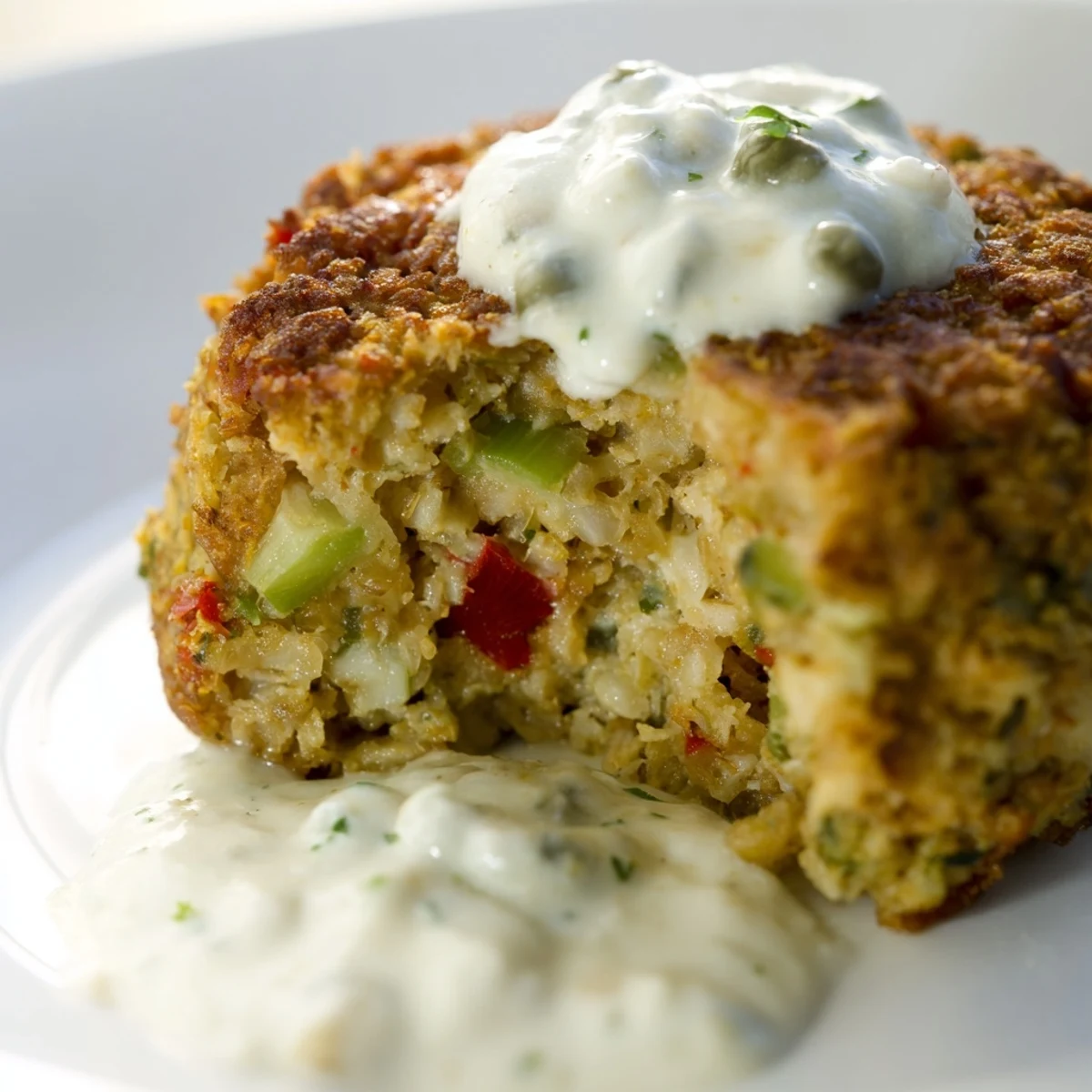 A close-up view of Cajun Crab Cakes with Remoulade Sauce highlights the flaky crab meat and the creamy, paprika-spiced sauce drizzled on top.