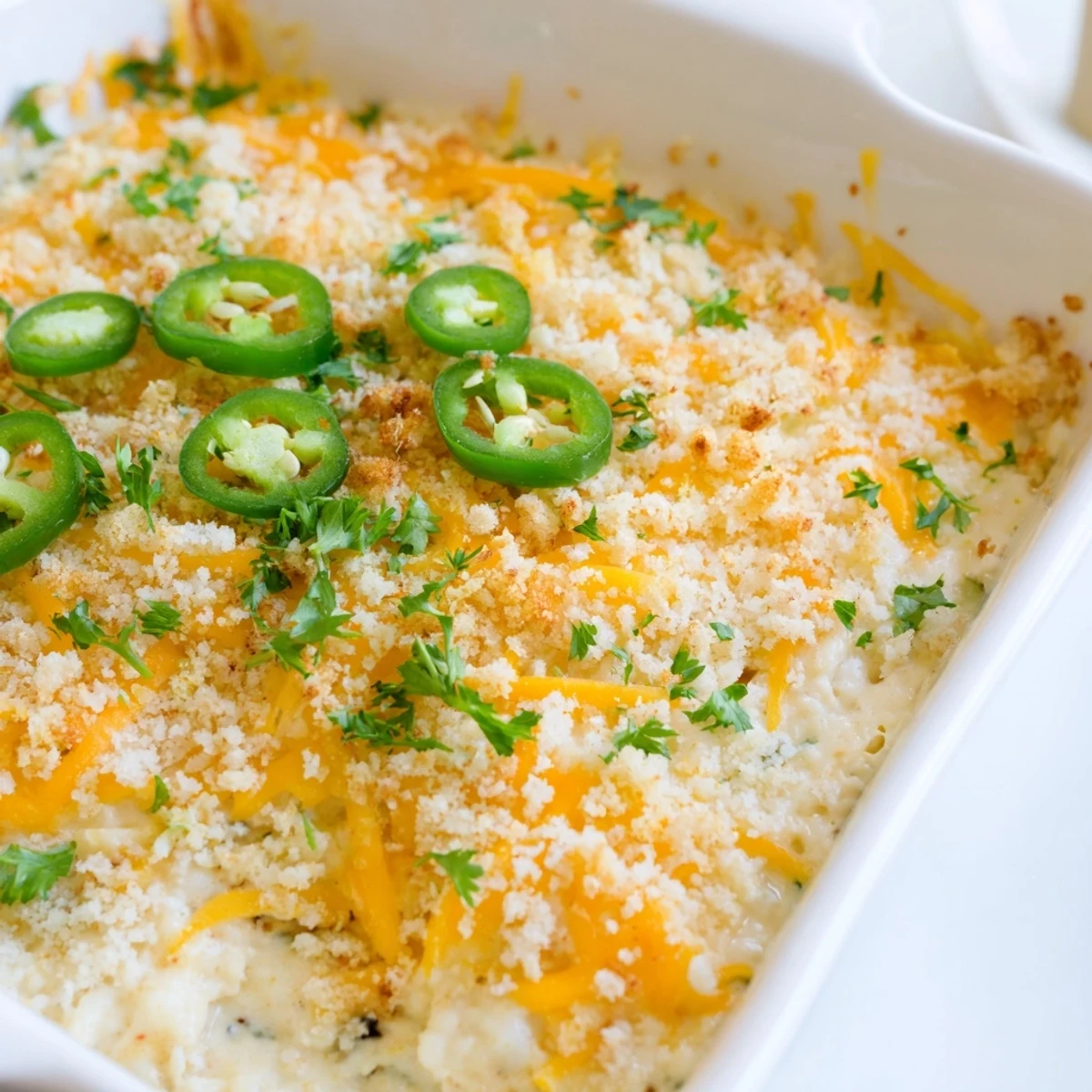Golden-brown Jalapeño Popper Dip with Cream Cheese bubbling from the oven, topped with crunchy panko breadcrumbs and fresh parsley.  