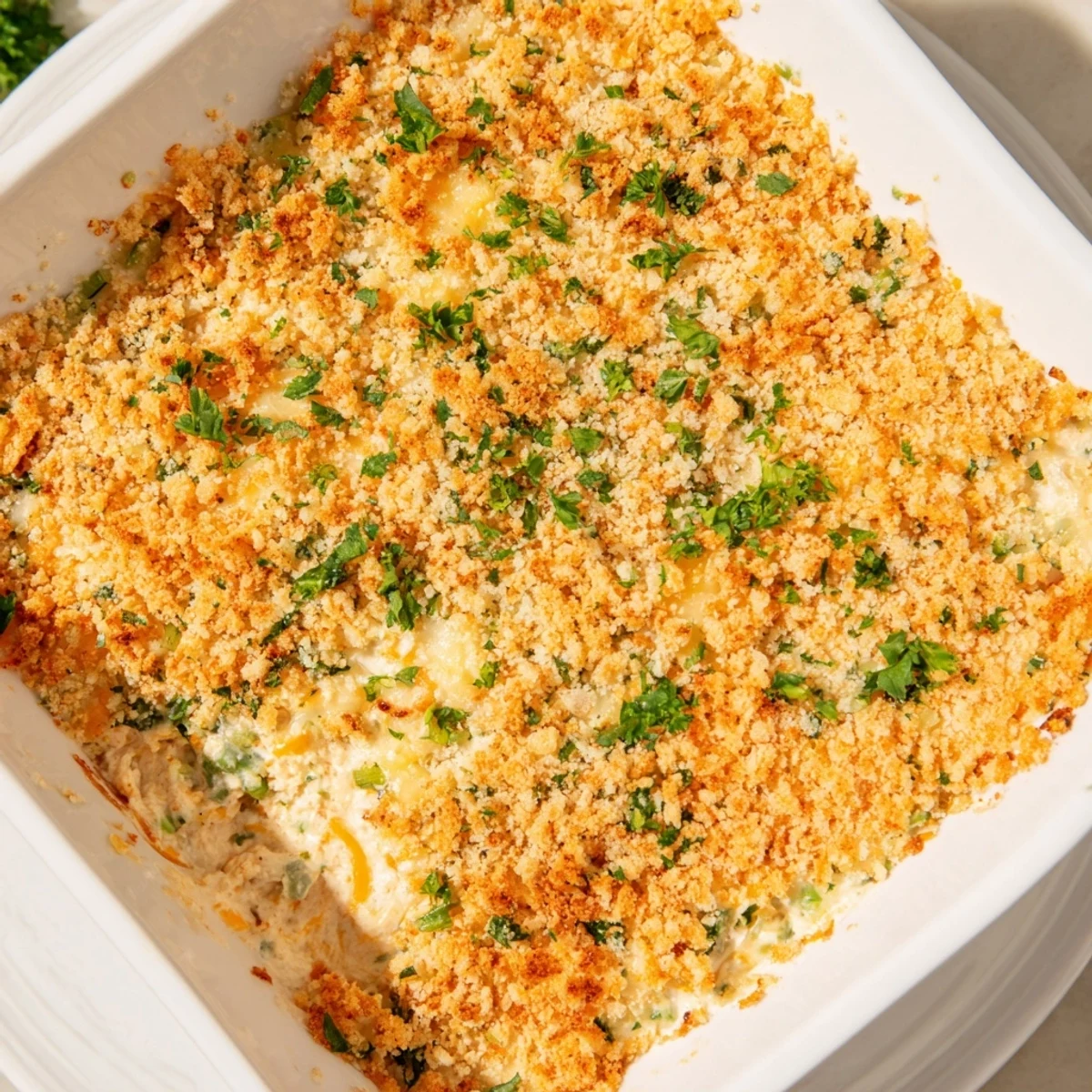 A scoop of creamy Jalapeño Popper Dip with Cream Cheese on a tortilla chip, revealing melted cheddar and spicy pepper flecks.  