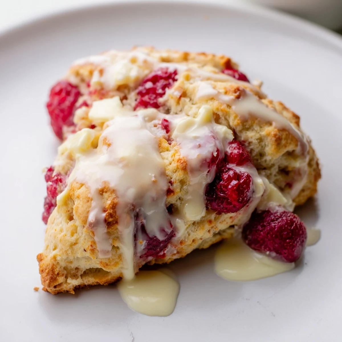 Flaky Raspberry White Chocolate Scones with a sweet vanilla glaze, ready for a cozy breakfast spread.  