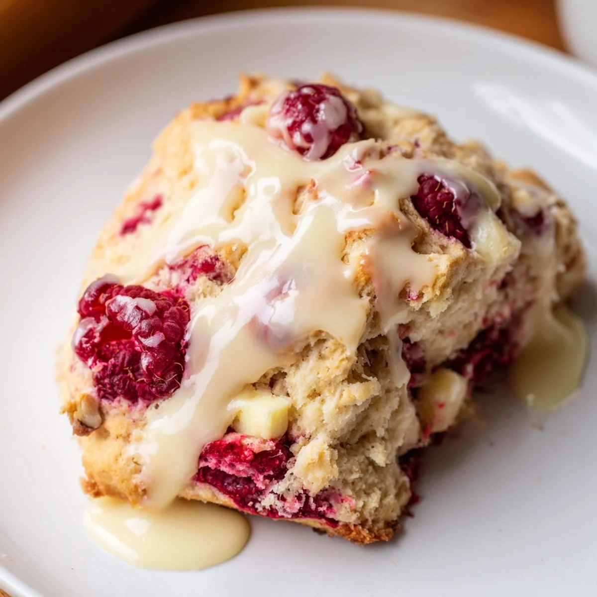 Golden-brown scones studded with raspberries and white chocolate chips, drizzled with glaze on a rustic board.  