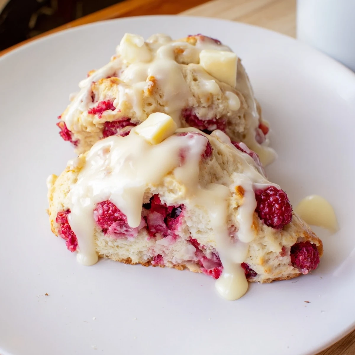 Freshly baked Raspberry White Chocolate Scones with glaze, perfect for brunch with a steaming cup of coffee.