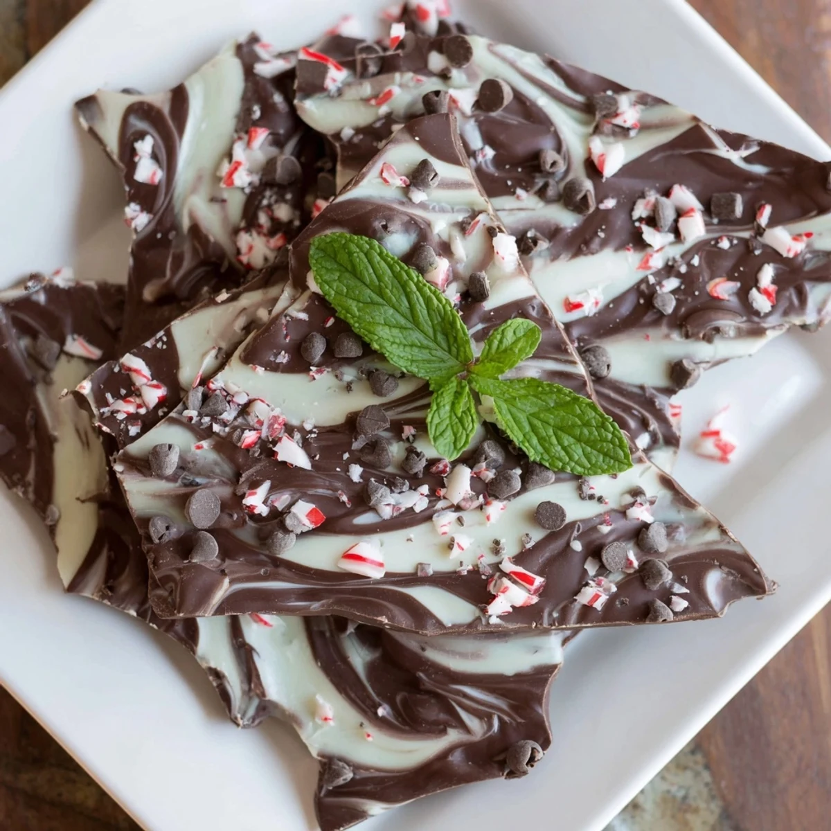 Homemade peppermint chocolate bark broken into rustic pieces, perfect for holiday gifting or snacking.  