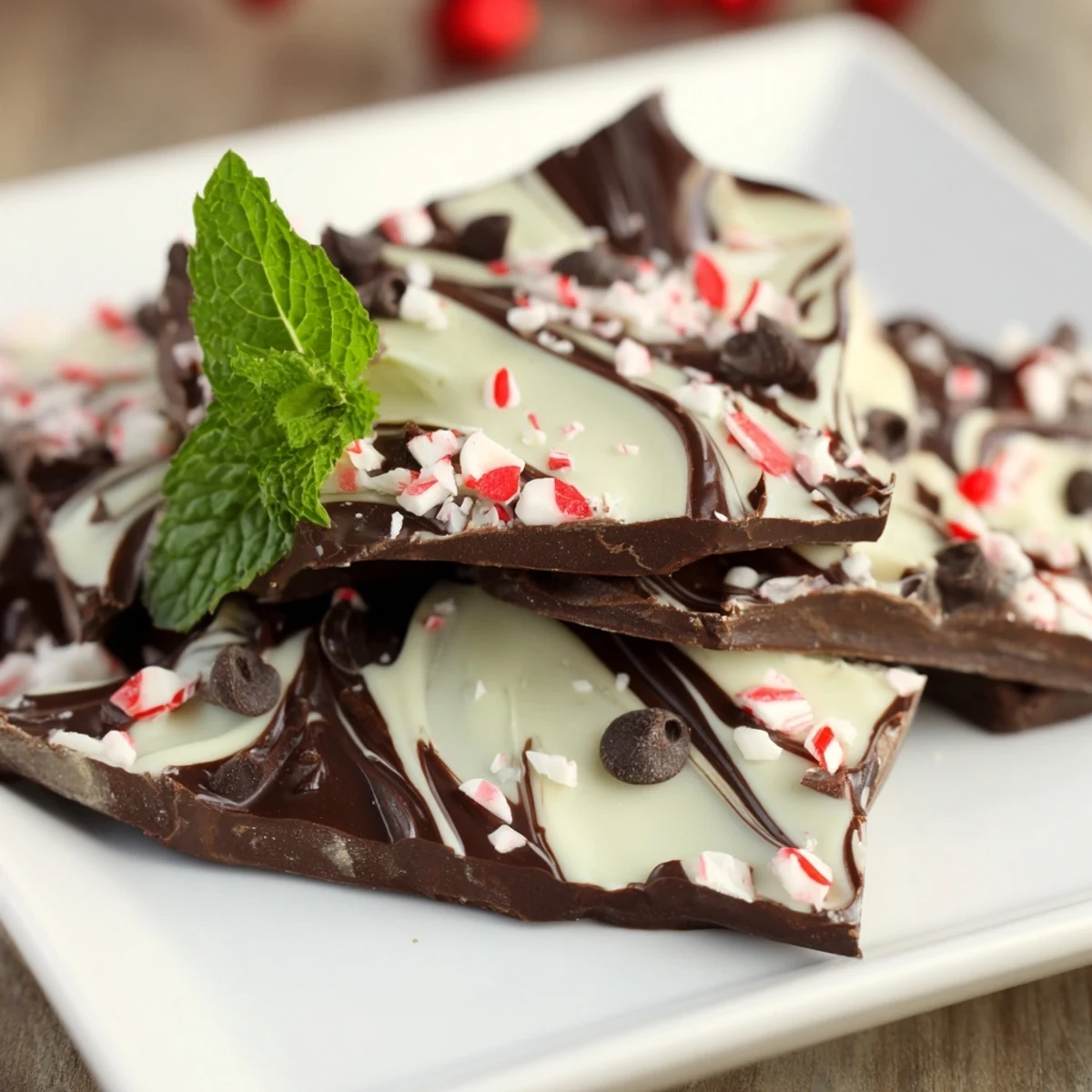 Festive dark chocolate bark with creamy white chocolate swirls and crushed candy cane garnish.