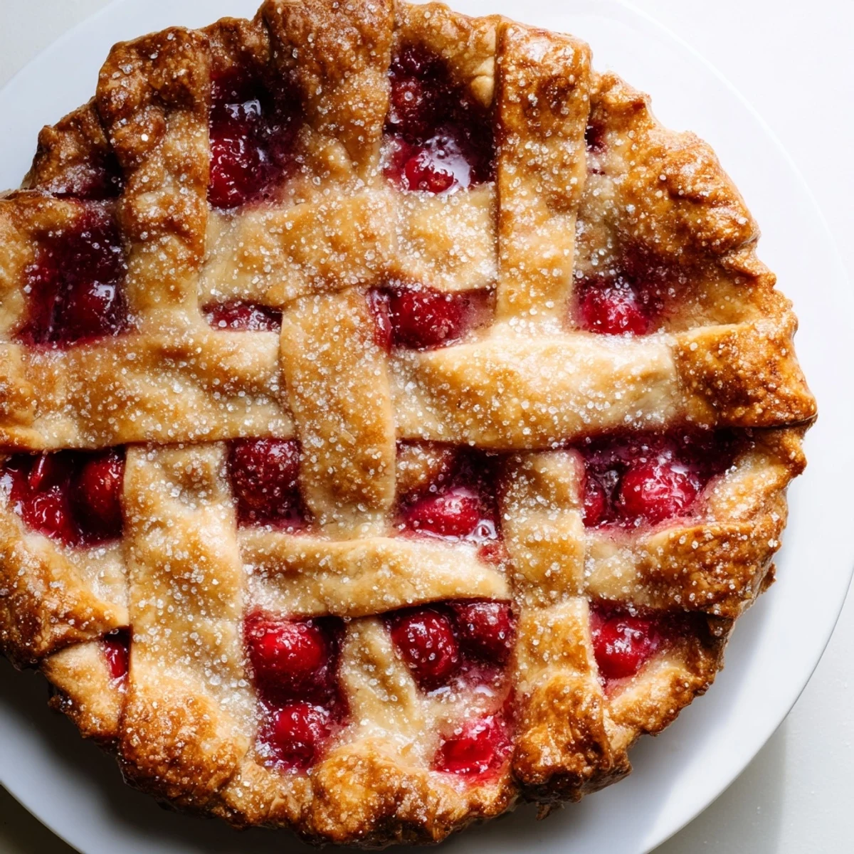 A slice of homemade Cherry Pie with Lattice Crust is served on a white plate, ready to eat.