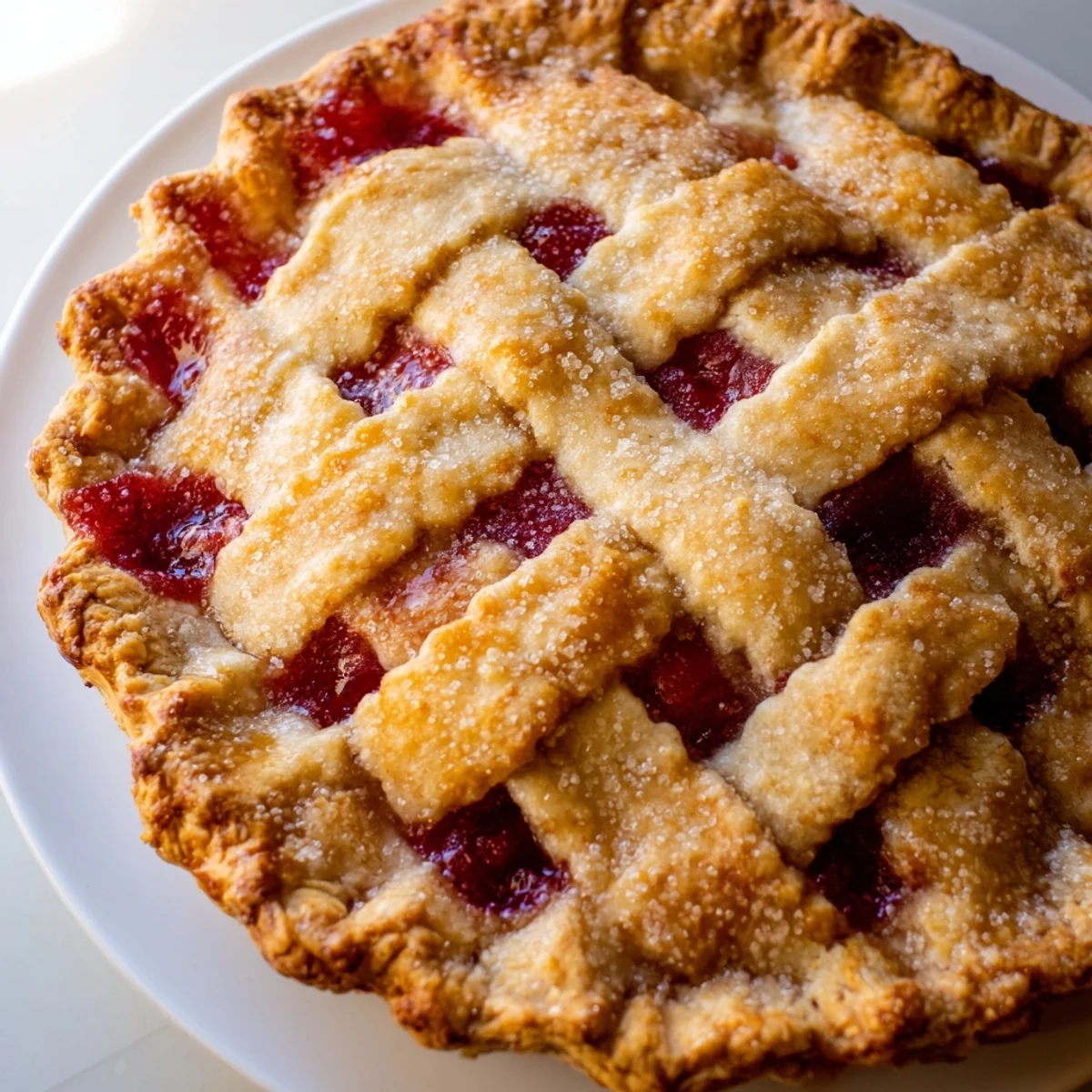 A golden-brown Cherry Pie with Lattice Crust sits sliced, revealing a vibrant, sweet-tart cherry filling inside.
