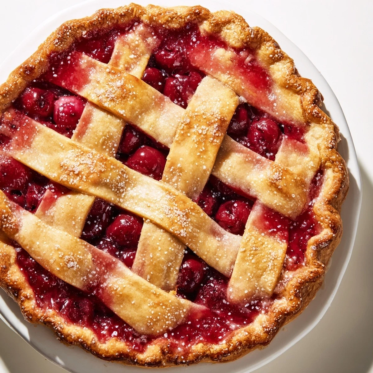 Close-up on a Cherry Pie with Lattice Crust showing a flaky, golden crust and bubbling red cherry filling.