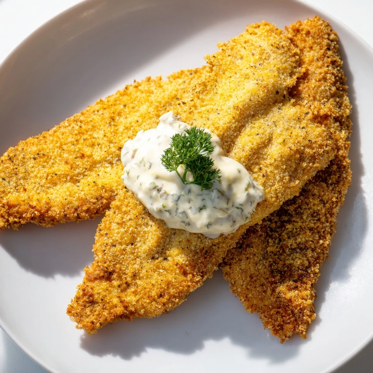 Golden-fried Louisiana catfish fillets with Cajun spices, served beside creamy homemade tartar sauce and lemon wedges.
