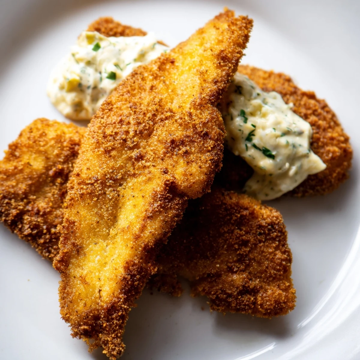 A close-up view of crispy Southern catfish with tartar sauce, perfect for a pescatarian main dish.