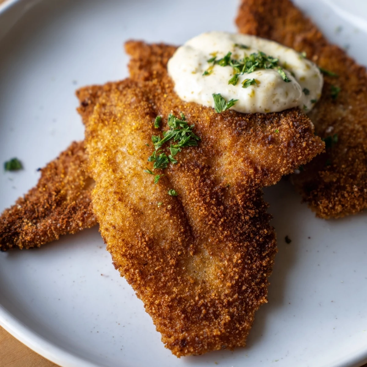 Crispy cornmeal-crusted catfish fillets topped with fresh parsley, paired with tangy tartar sauce for dipping.