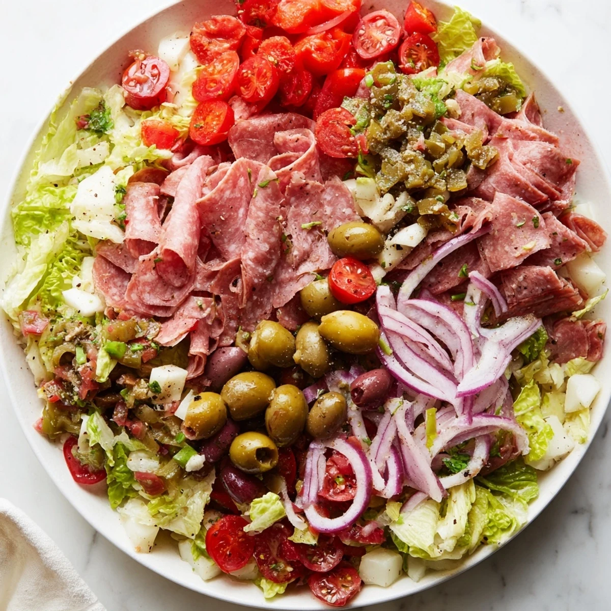 Chopped romaine and iceberg lettuce topped with vibrant cherry tomatoes, red onion, and the bold olive salad mixture for a classic New Orleans Muffuletta Salad.