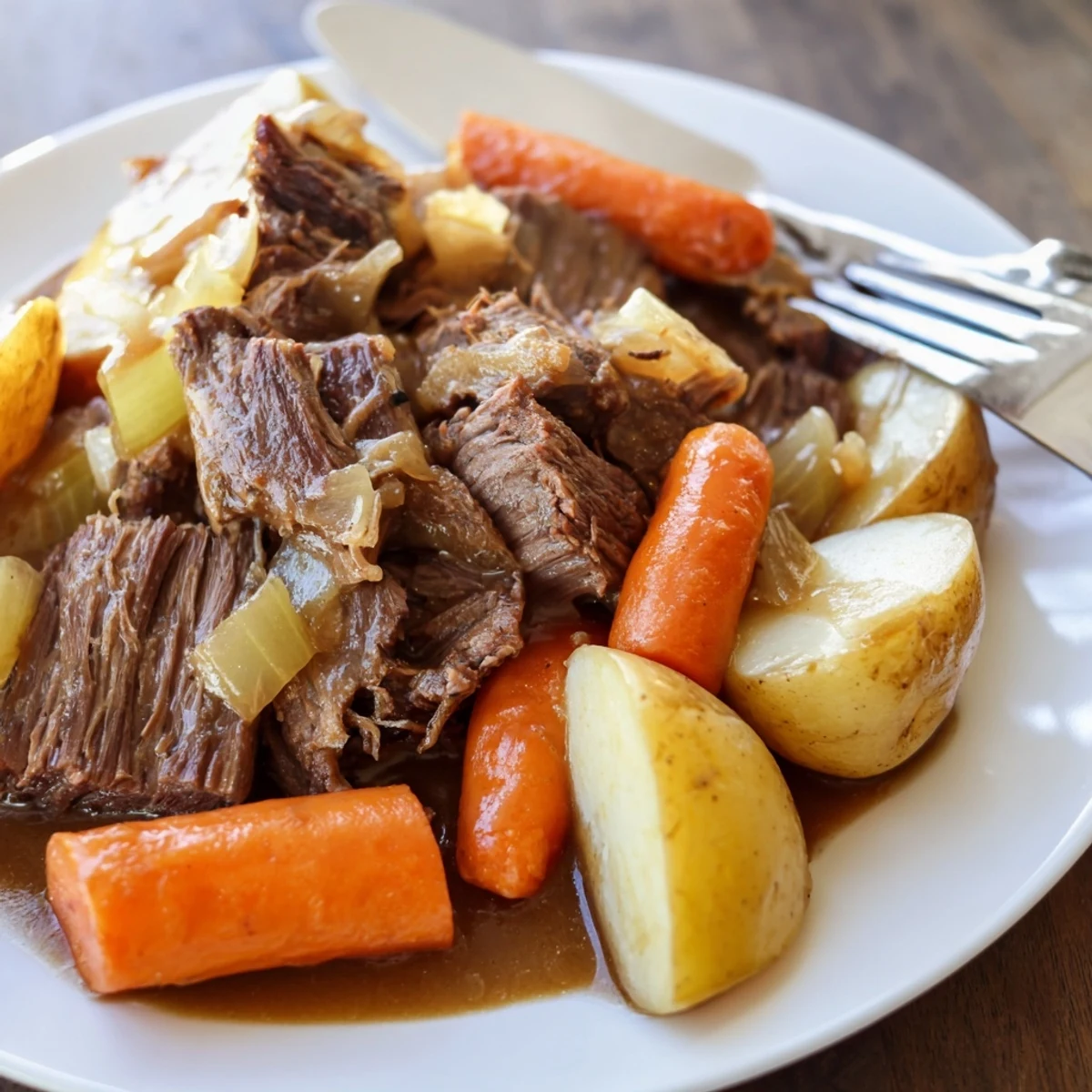 Savory Irish Beef Pot Roast with Carrots and Potatoes, tender slow-cooked chunks in rich gravy on a rustic platter.