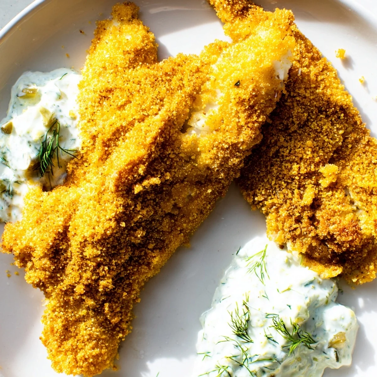 Crispy, golden Louisiana Style Fried Catfish with Tartar Sauce on a rustic plate beside lemon wedges.