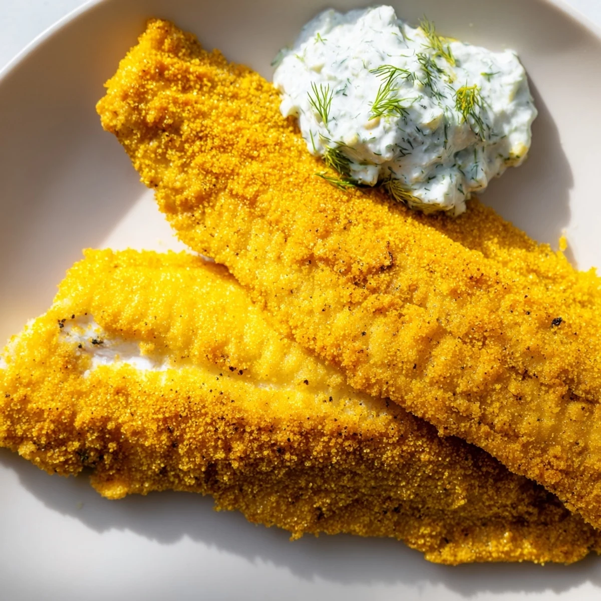 Southern-style Louisiana Style Fried Catfish with Tartar Sauce served hot with fresh parsley garnish.