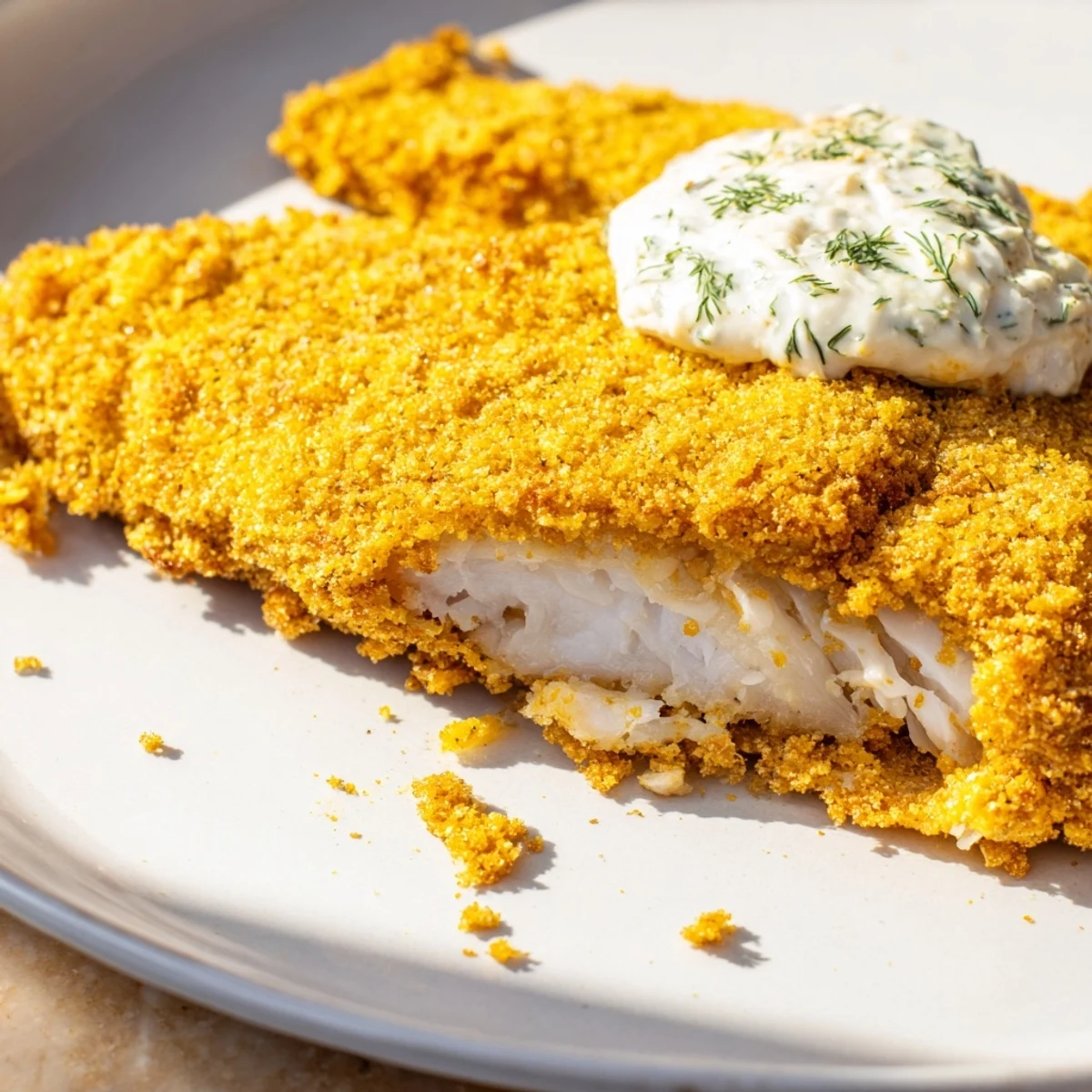 A close-up of Cajun-spiced catfish fillets fried to perfection with creamy homemade tartar sauce.
