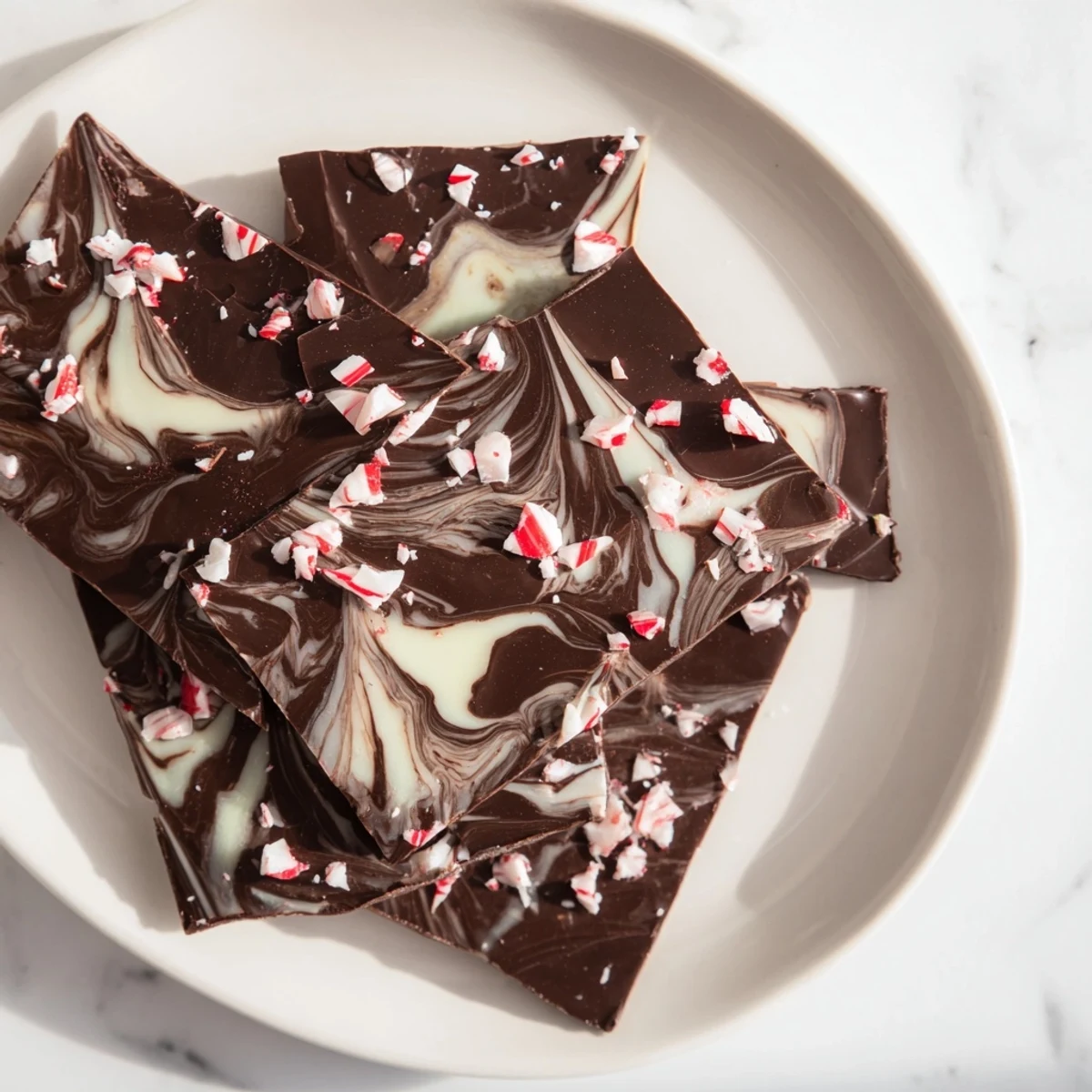 A close-up view shows a glossy slice of Mint Chocolate Bark with White Chocolate Swirl next to a steaming mug of hot cocoa.