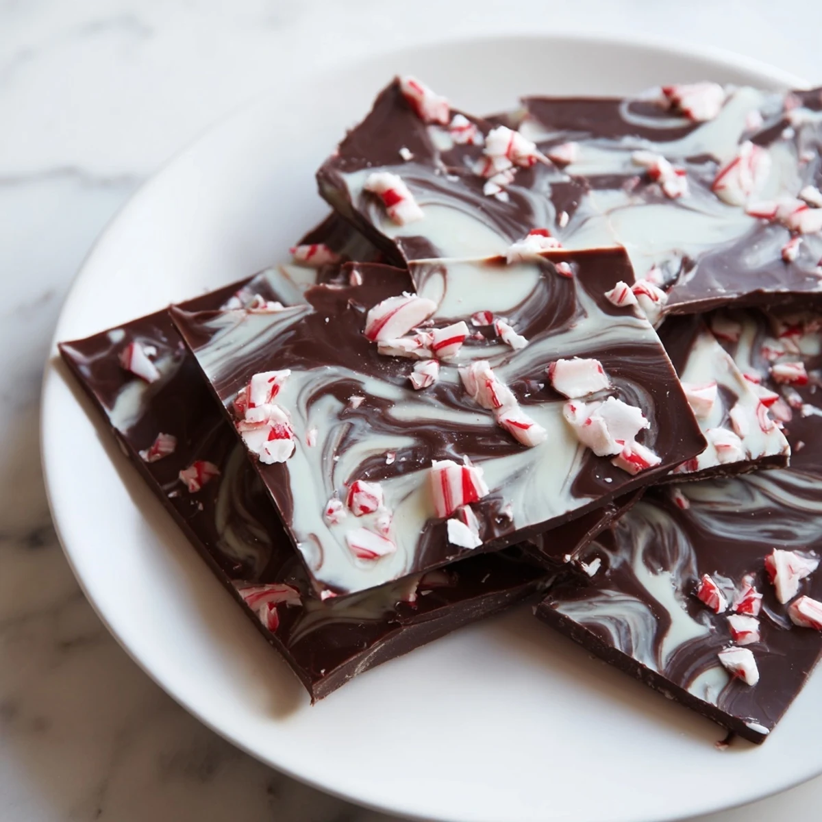 Shards of dark and white chocolate bark with mint are broken apart on a baking sheet, showing the marbled texture.