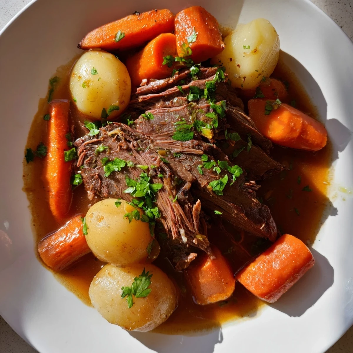 Hearty Irish Beef Pot Roast with Carrots and Potatoes, featuring succulent meat, sweet carrots, and creamy baby potatoes.