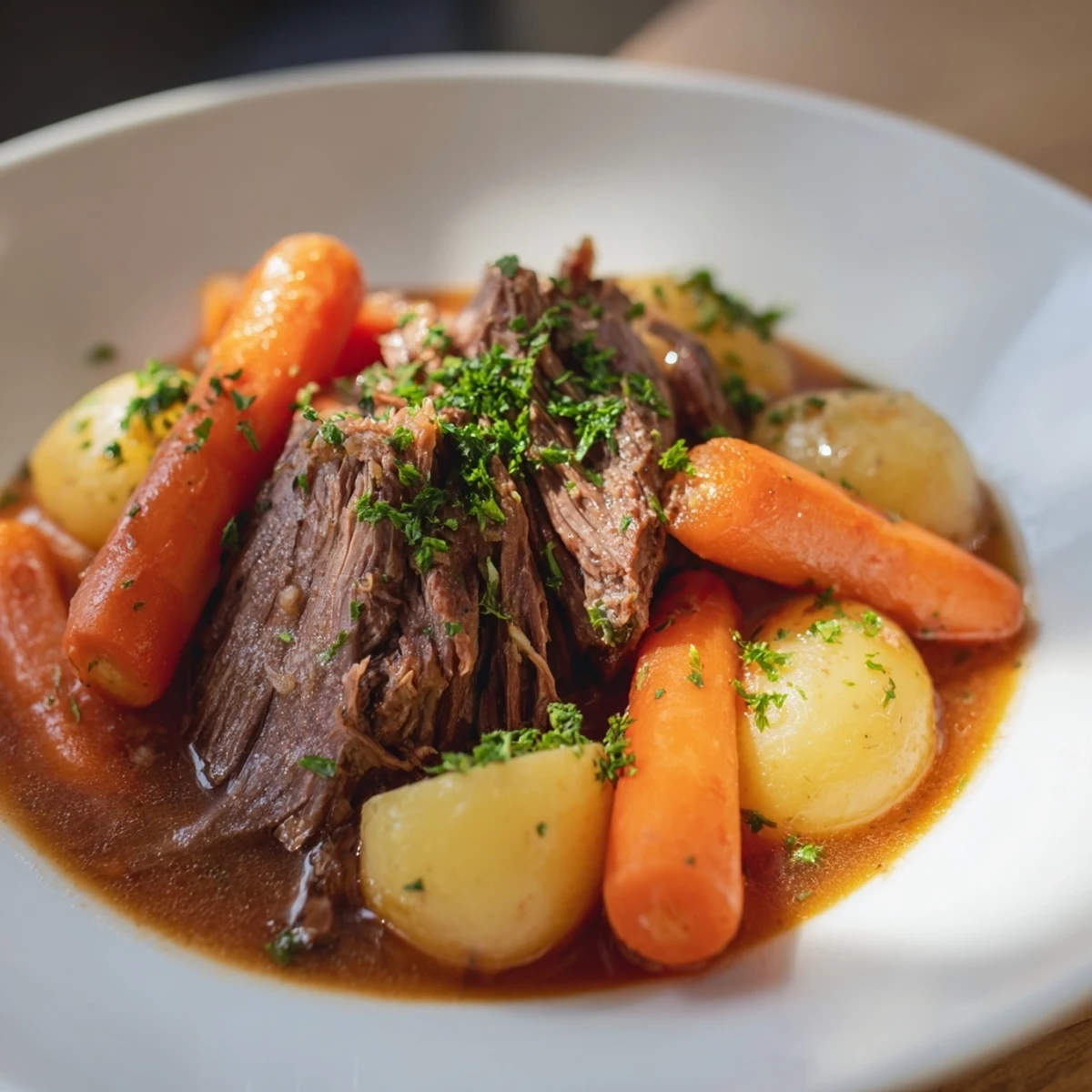 Tender shredded Irish Beef Pot Roast with Carrots and Potatoes, served hot in a rich gravy with rustic vegetables.