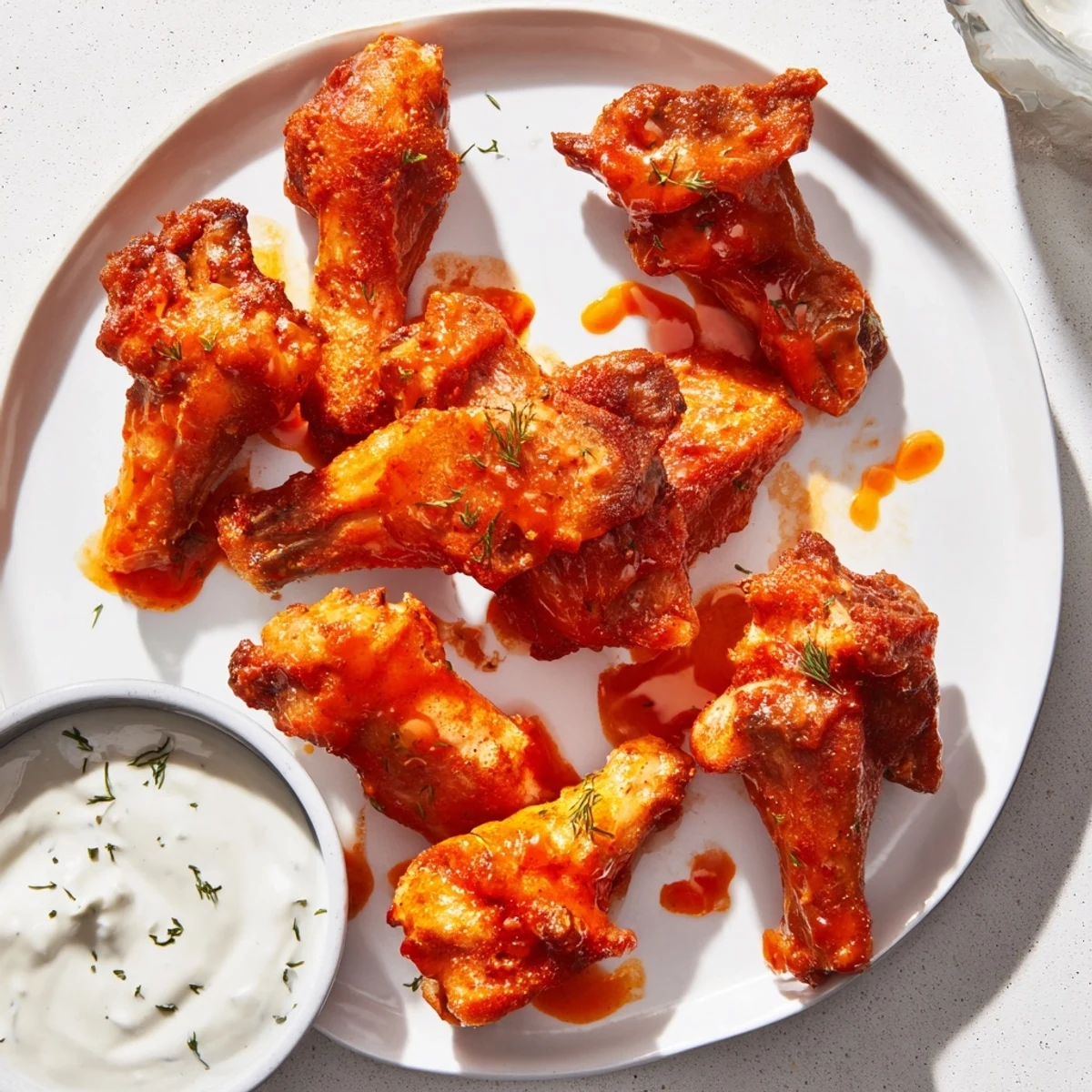 Golden, spicy chicken wings piled high on a platter, ready for dipping into homemade ranch dressing at a party.