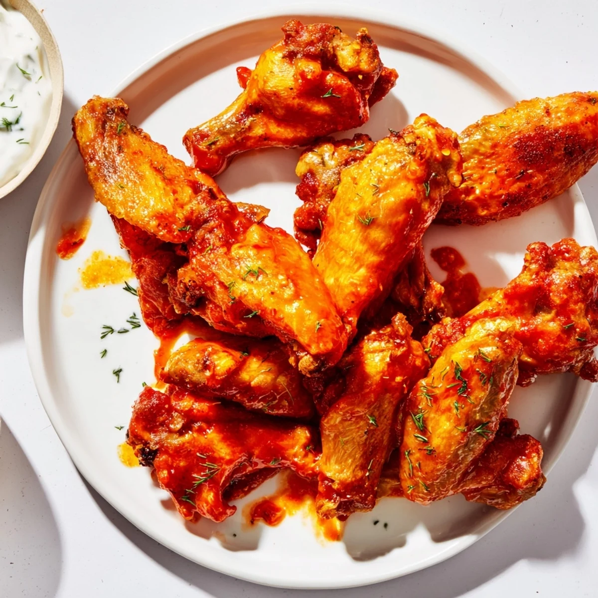 Crispy, oven-baked spicy chicken wings glistening with hot honey sauce, served alongside a creamy ranch dip for game day snacking.