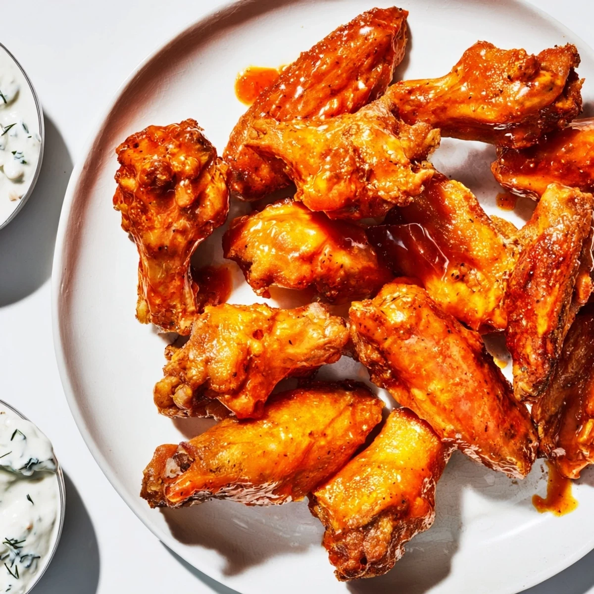 Fiery hot sauce tossed over crunchy, baked spicy chicken wings, with cool ranch dressing and fresh celery sticks on the side.