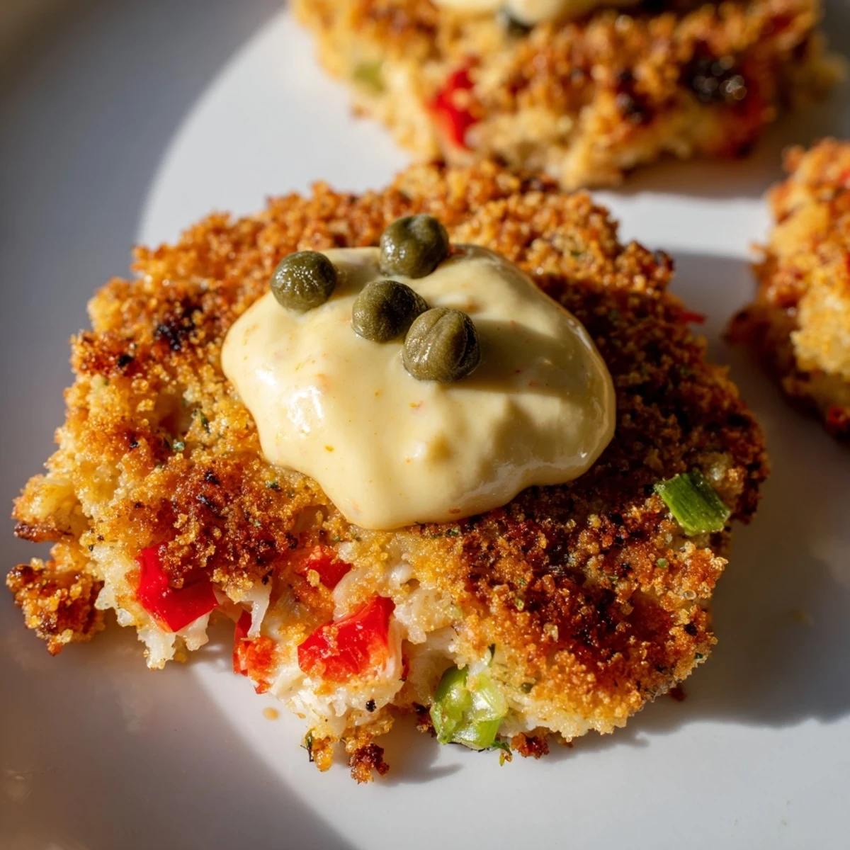 Cajun Crab Cakes with Remoulade Sauce presented on a rustic plate with lemon wedges and fresh parsley garnish.