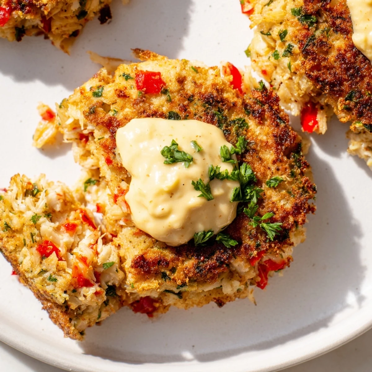 Eight golden Cajun Crab Cakes with Remoulade Sauce frying in a skillet until crisp and golden brown.