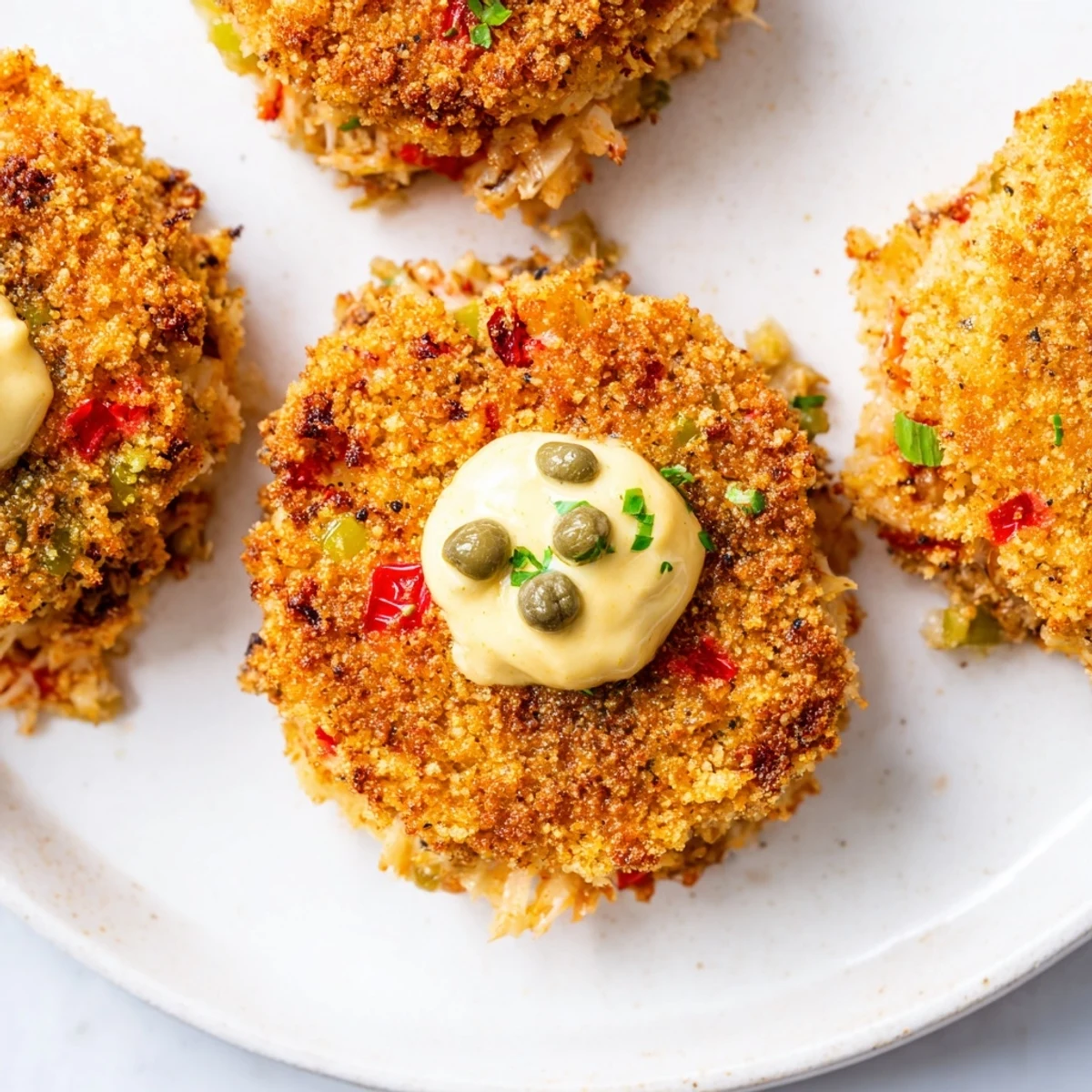 A close-up of Cajun Crab Cakes with Remoulade Sauce showing flaky crab inside and tangy sauce drizzled on top.