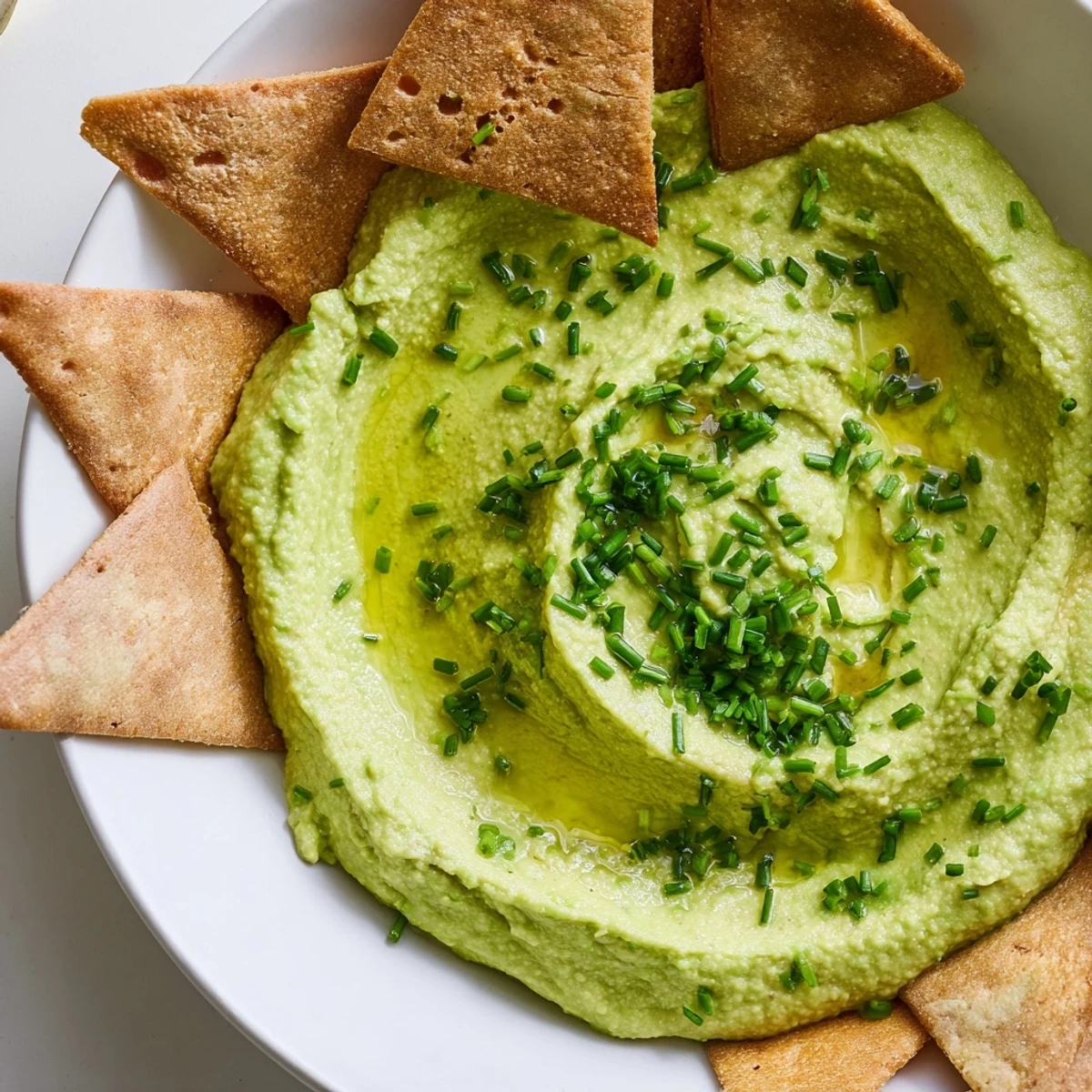 A close-up of creamy green avocado hummus with crisp, golden-baked pita chips for dipping.
