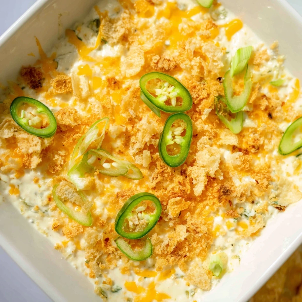 Golden-brown Jalapeno Popper Dip bubbling in a baking dish, topped with crispy panko and melted cheddar, ready to serve warm with tortilla chips.  