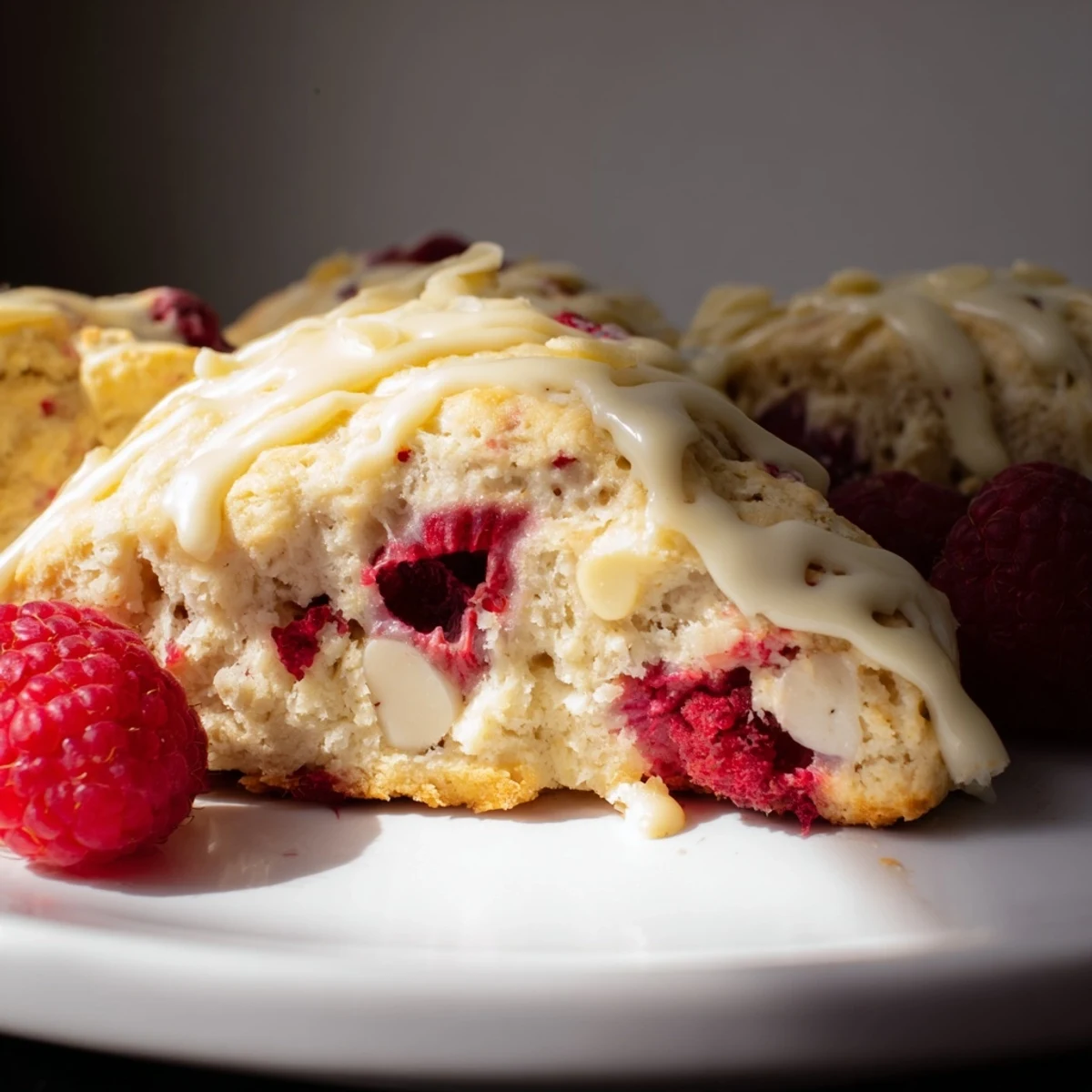 Freshly baked Raspberry White Chocolate Scones with a sweet vanilla glaze on a rustic wooden table.
