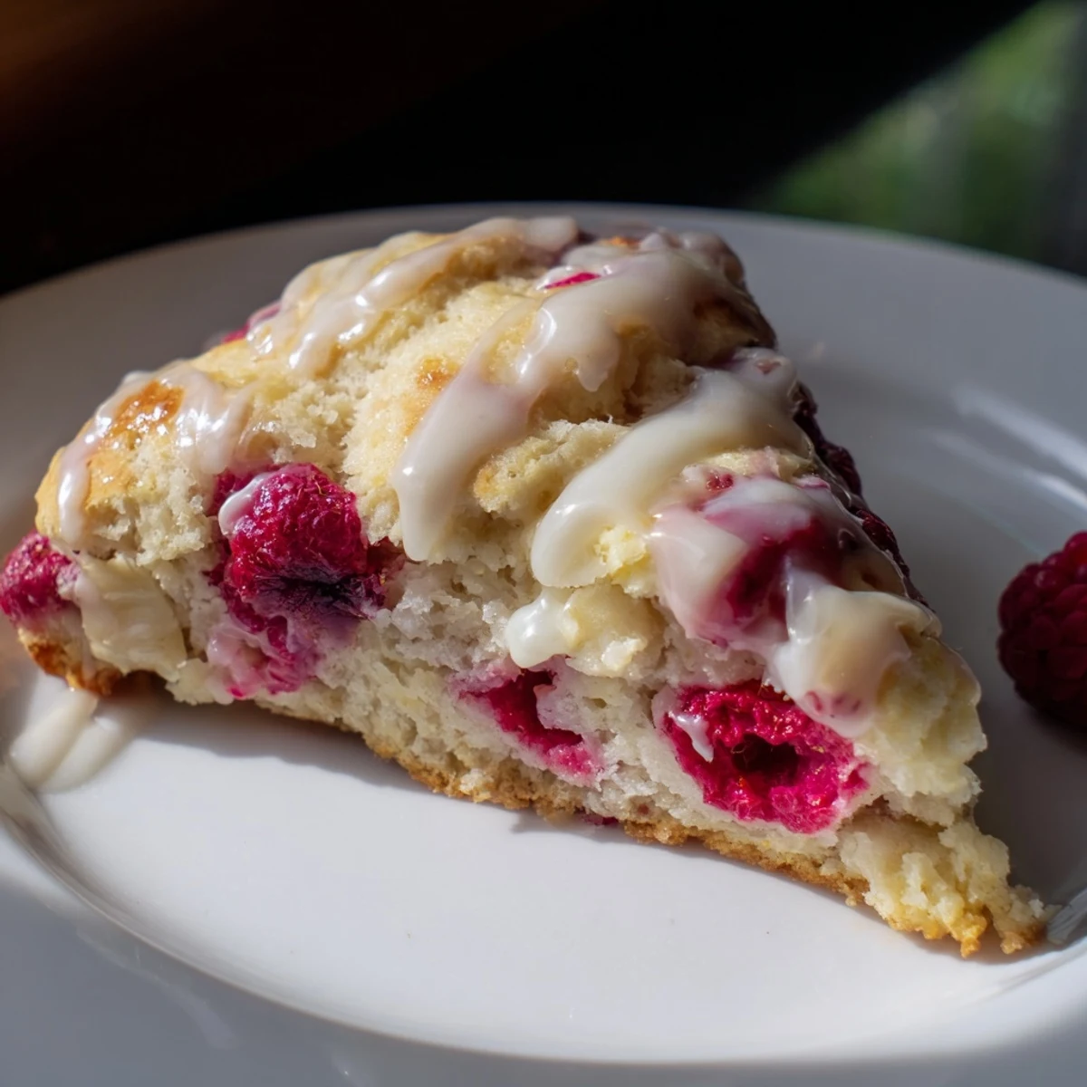 Homemade Raspberry White Chocolate Scones drizzled with vanilla glaze, perfect for a cozy breakfast.
