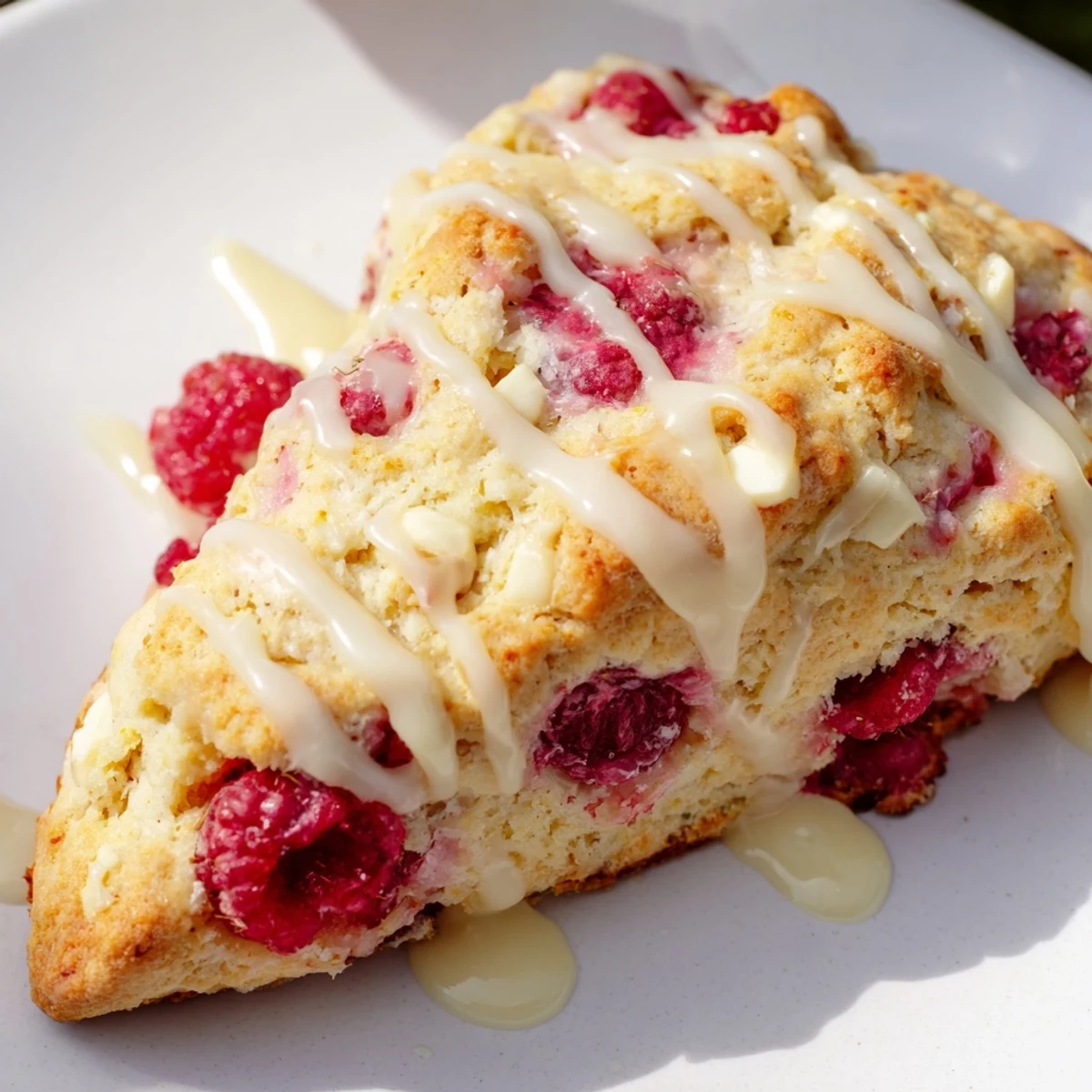 Golden Raspberry White Chocolate Scones topped with creamy white chocolate chips and juicy red raspberries.