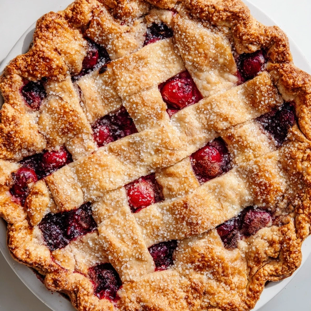 Golden, sugar-sprinkled lattice crust tops a bubbling Cherry Pie with Lattice Crust and Sugar, with juicy red filling peeking through.