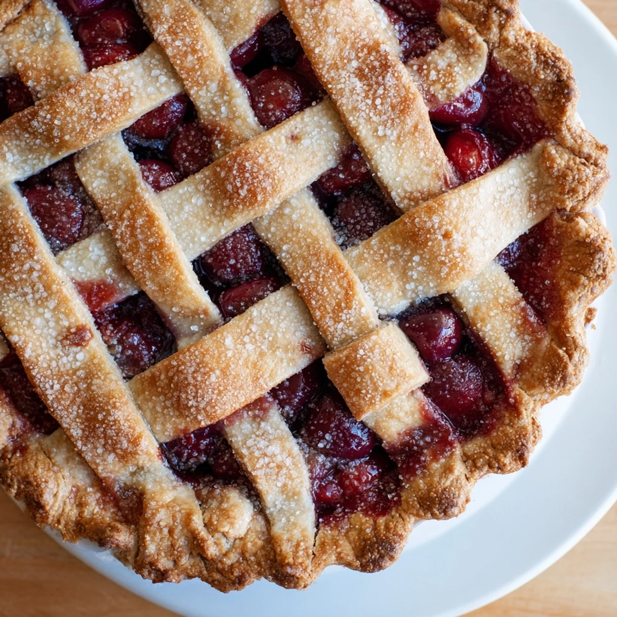 This classic Cherry Pie with Lattice Crust and Sugar rests beside a scoop of vanilla ice cream on a rustic table.