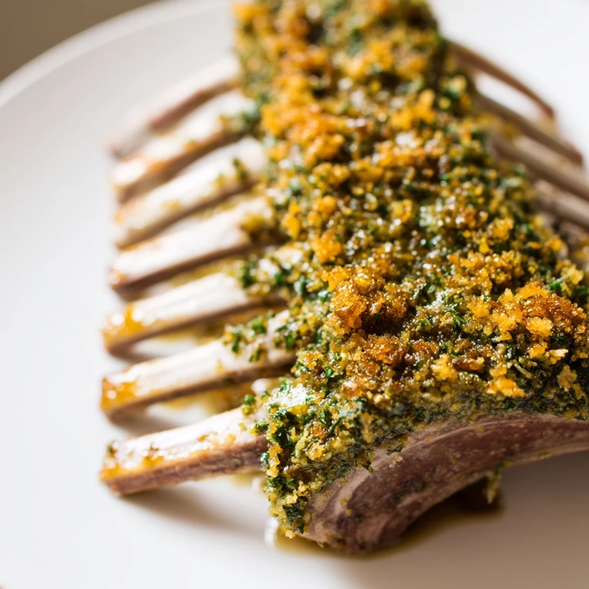 Golden-brown herb crusted roasted lamb rack glistens with rosemary and garlic on a rustic platter, sliced into chops.