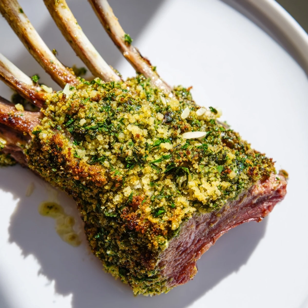 Perfectly seared and roasted lamb rack with aromatic herb crust, garnished with fresh thyme and lemon zest.