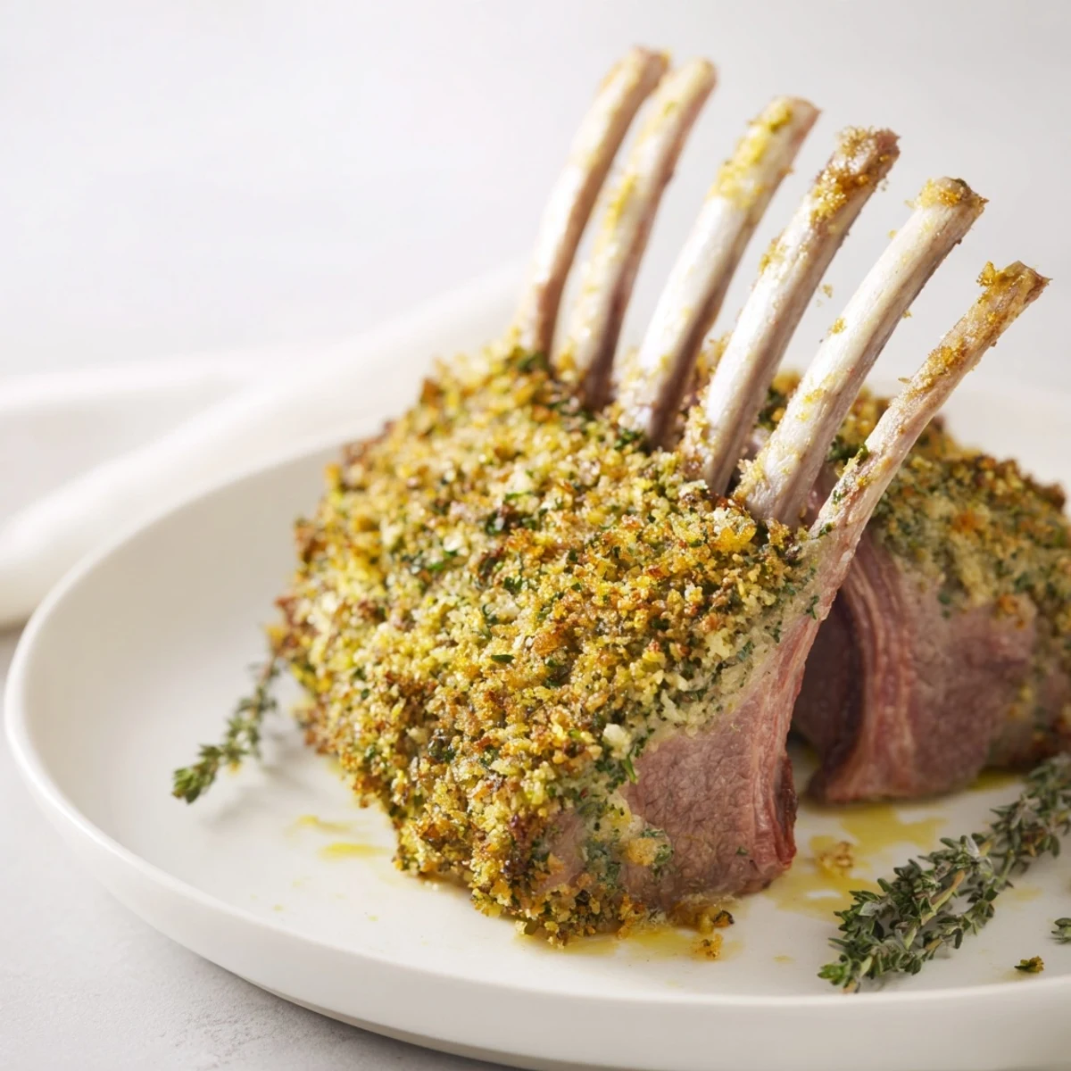 Elegant roasted lamb rack with herb crust sits beside roasted potatoes and green beans for a special dinner.