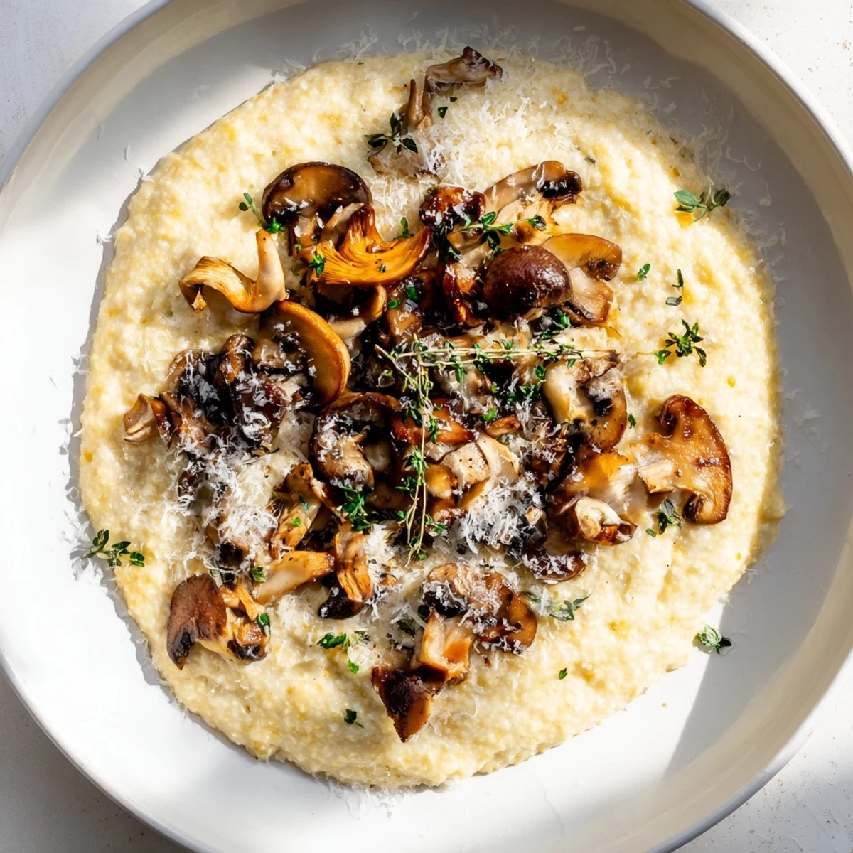 Creamy polenta with roasted mushrooms topped with fresh parsley and extra Parmesan on a rustic table.