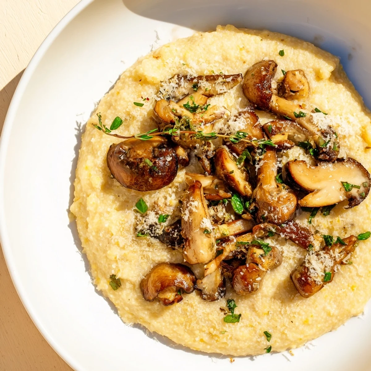 Warm, velvety polenta topped with golden roasted mushrooms, garlic, and thyme served in a cozy bowl.