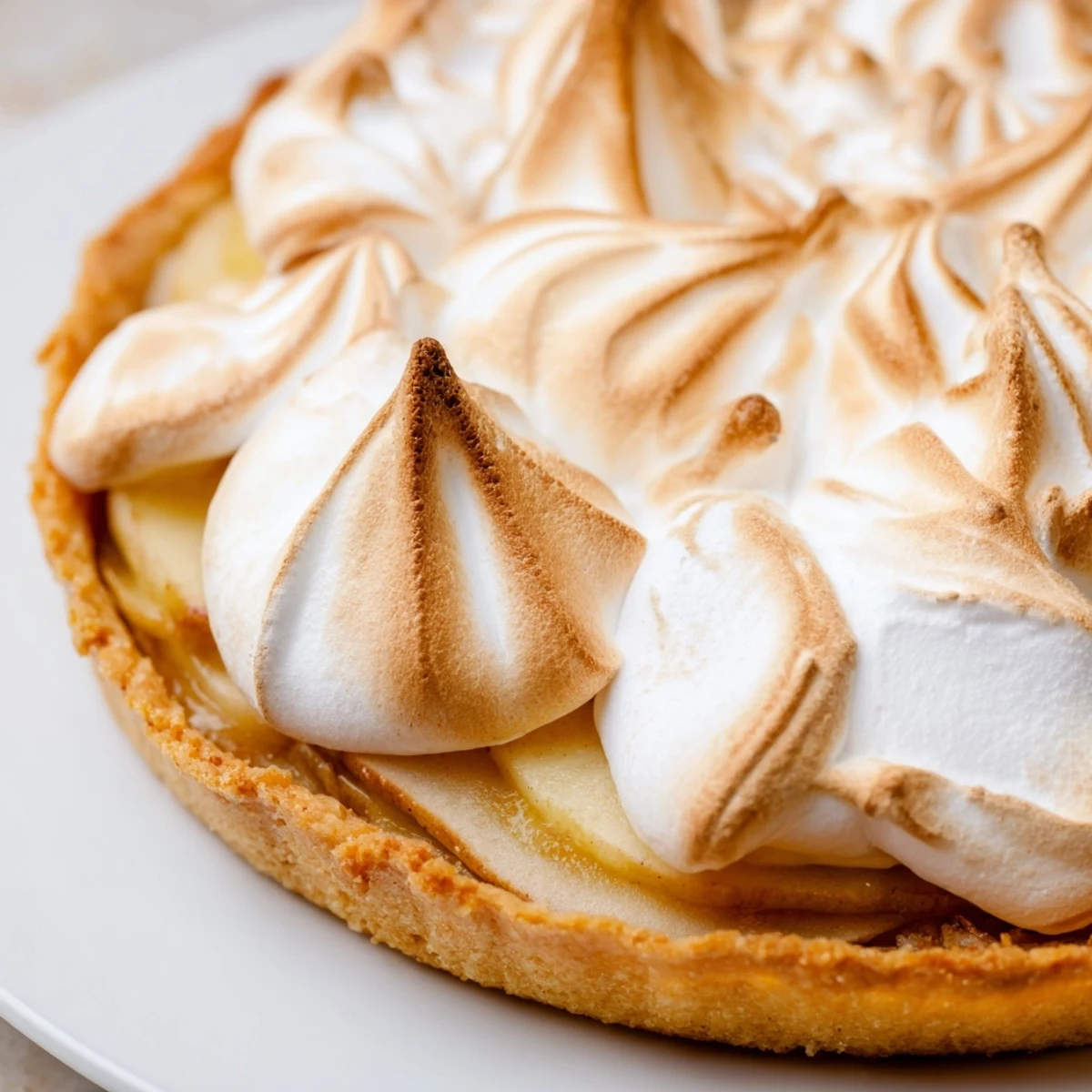 Golden, toasted meringue crowns this classic Irish Apple Amber Tart, showcasing tender apples in a crisp pastry shell.