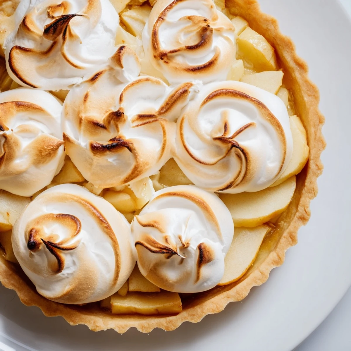 A rustic Irish Apple Amber Tart slice reveals sweet-tart apples and billowy, golden-brown meringue on a dessert plate.