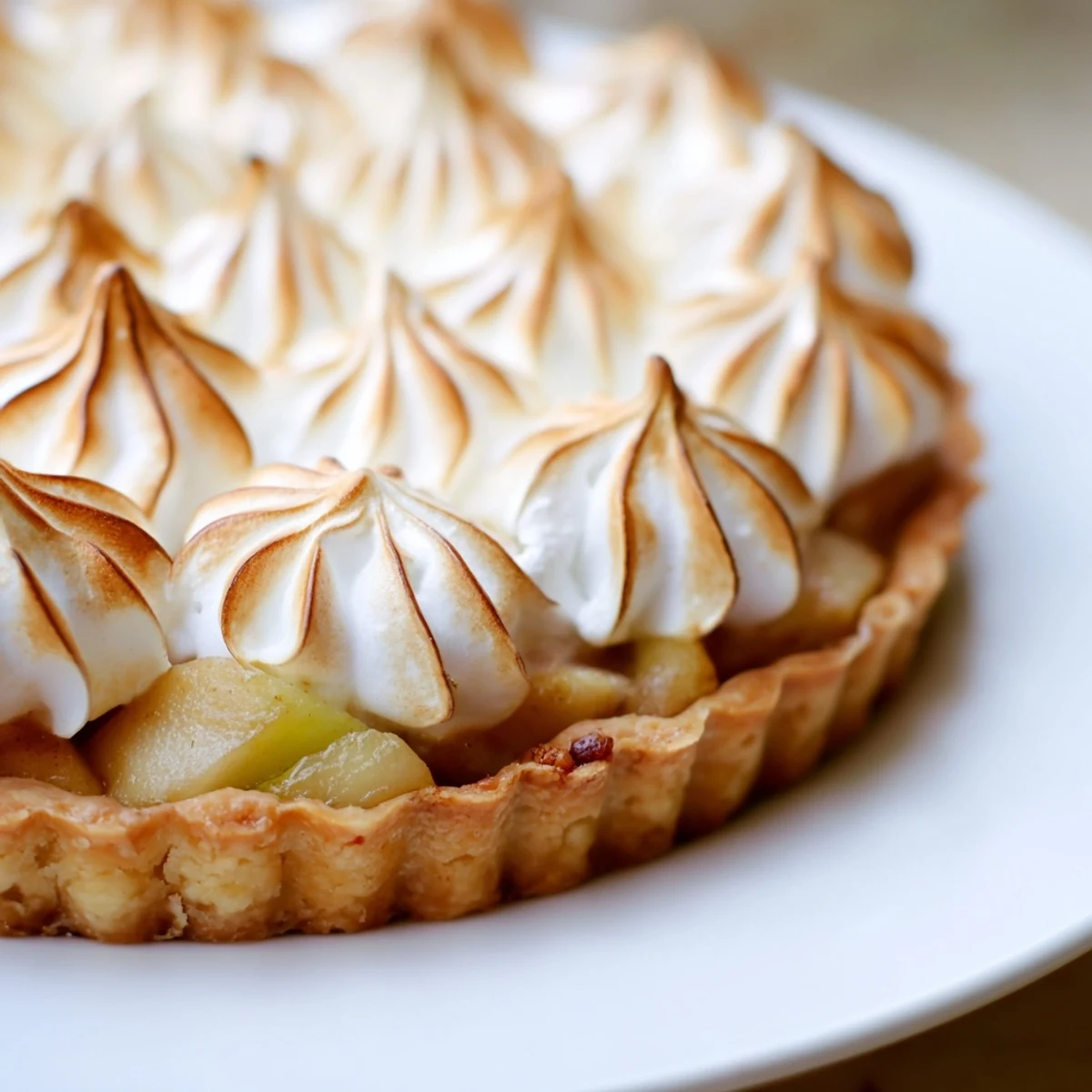Close-up of Irish Apple Amber Tart with glossy, swirled meringue topping and a hint of cinnamon-scented apple filling.