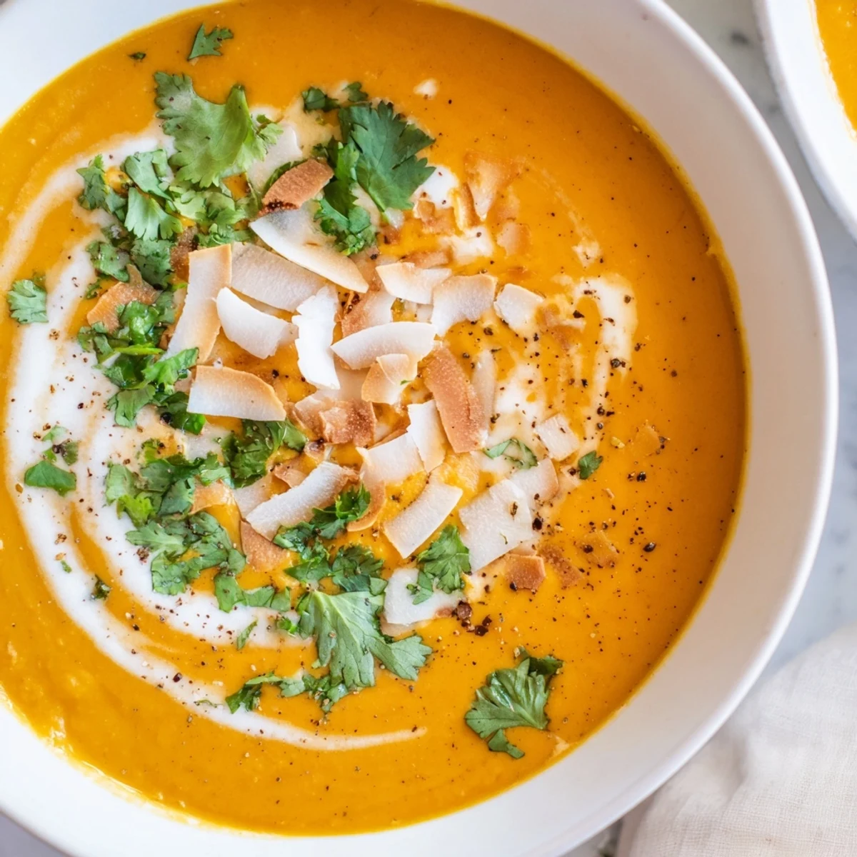 A bowl of creamy Carrot and Ginger Soup with Coconut Milk, garnished with cilantro and toasted coconut flakes.