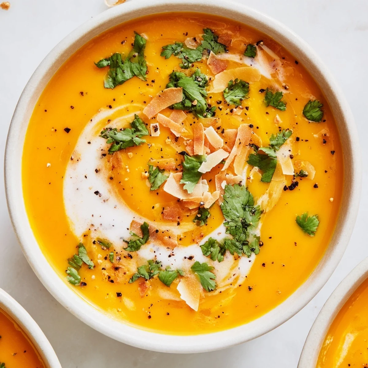 This vegan Carrot and Ginger Soup with Coconut Milk has a vibrant orange hue, served steaming in a rustic ceramic bowl.
