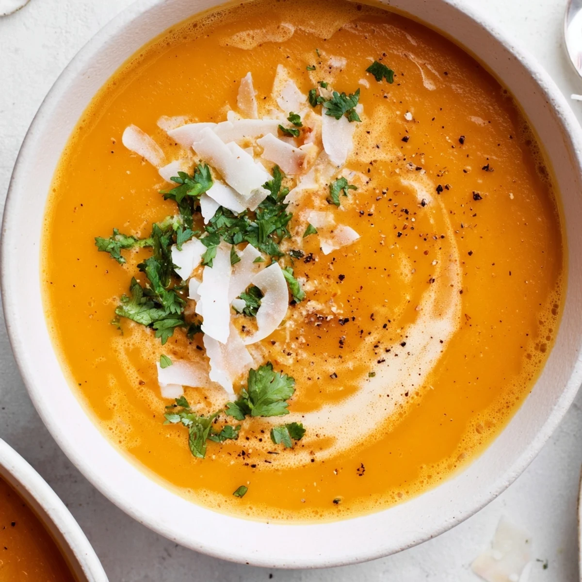 Velvety Carrot and Ginger Soup with Coconut Milk is garnished with a swirl of coconut milk and fresh cilantro.