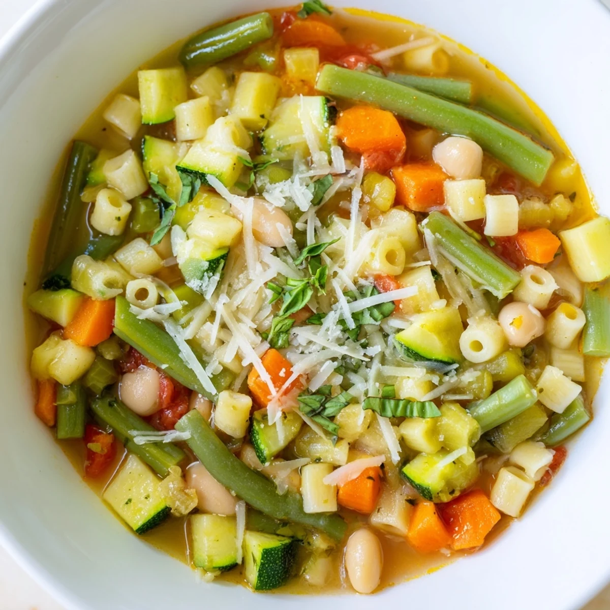 Hearty Spring Vegetable Minestrone Soup simmering in a pot, filled with fresh zucchini, spinach, and small pasta shapes, ready to serve.