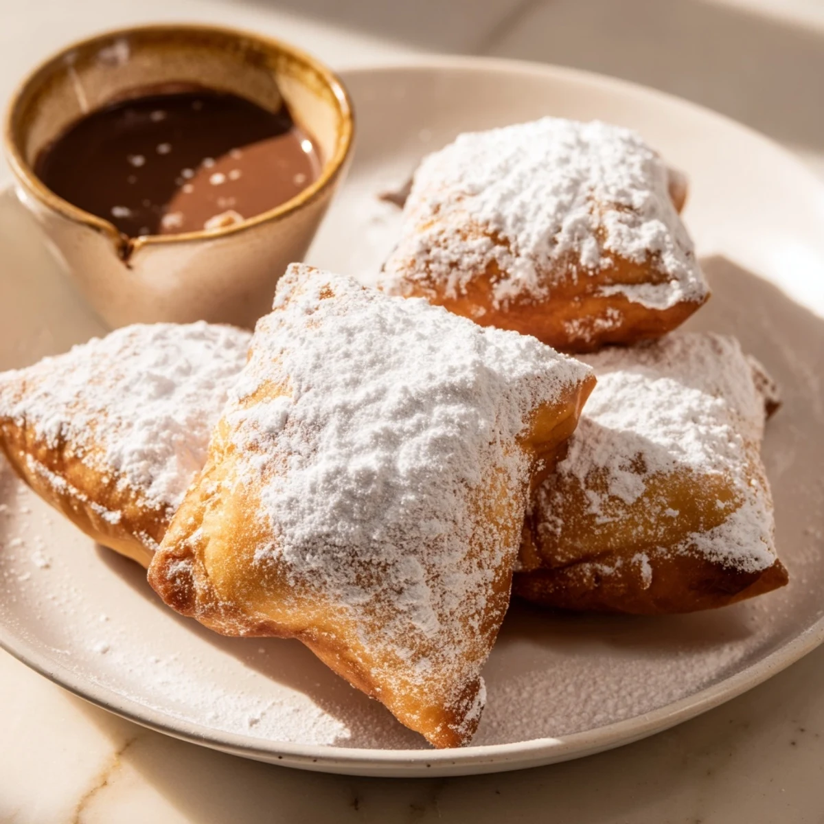 A close-up of pillowy Mardi Gras beignets beside a silky chocolate sauce, perfect for a festive New Orleans dessert platter.  