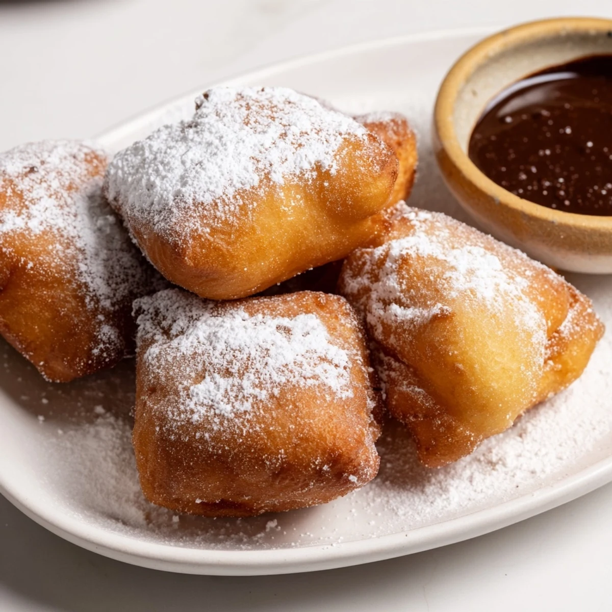 Golden Mardi Gras beignets, freshly fried and generously dusted with powdered sugar, ready to dip into warm chocolate sauce.  